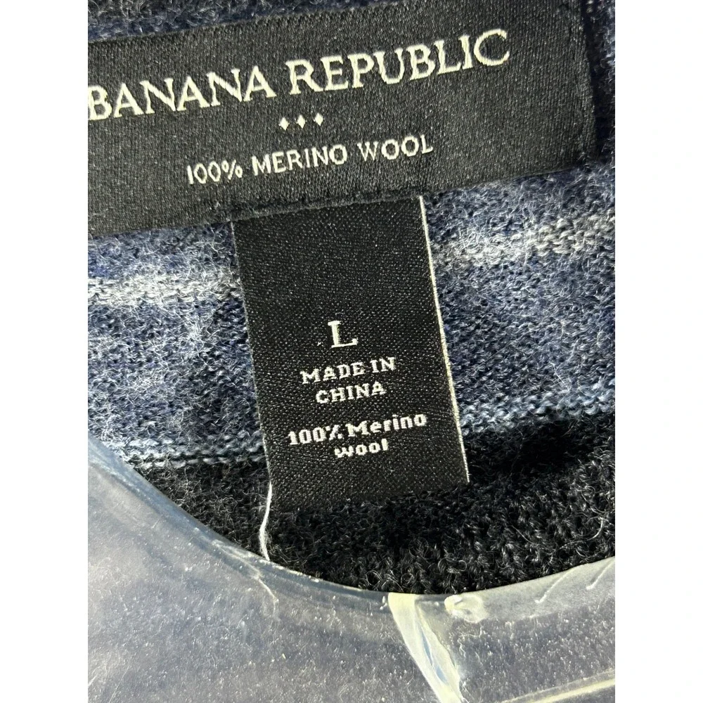 Banana Republic Mens Blue Striped‎ 100% Merino Wool Crewneck Sweater Large